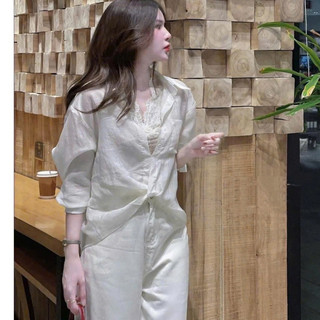 Áo Sơ Mi Trắng Tơ Đũi Phối Ren 2 Chi Tiết Nhẹ Nhàng Thanh Lịch Phối đồ phong cách casual,layer