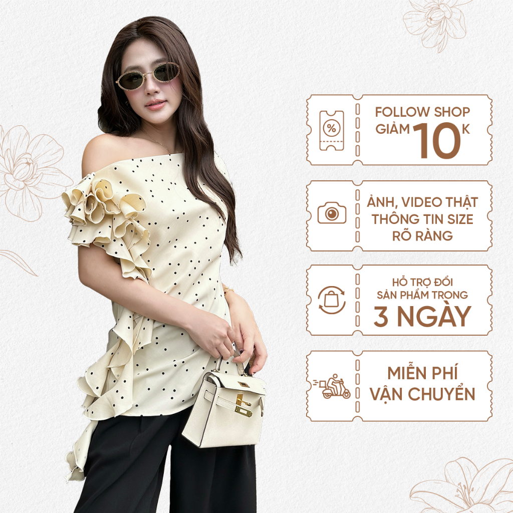 Ảnh TUBYCATU | Áo lệch vai chấm bi cream polka dot top 1
