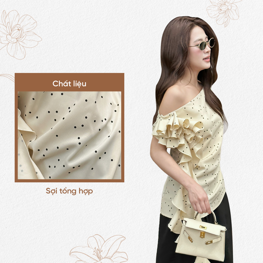 Ảnh TUBYCATU | Áo lệch vai chấm bi cream polka dot top 2