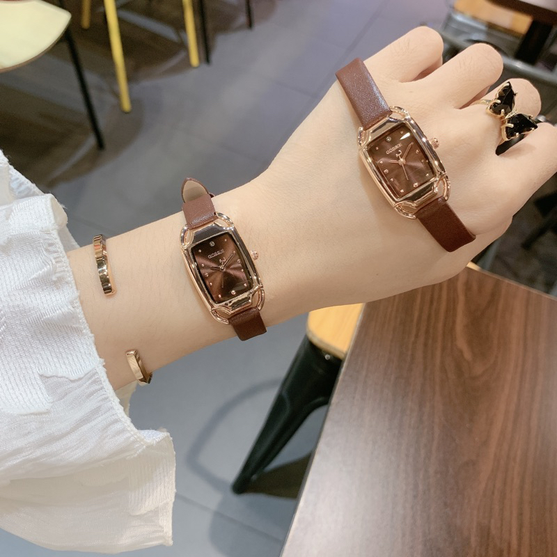 Đồng Hồ Nữ Gossie Dây Da Nâu Du Chữ Nhật Bản Nhỏ Xinh Cho Khách Hàng Tay Nhỏ