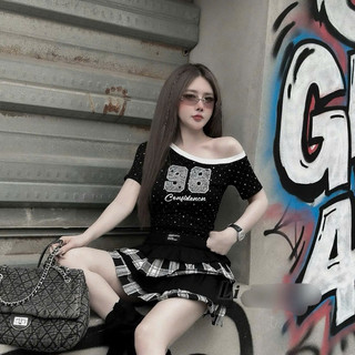 Áo Thun Dáng Ôm Cổ Bản to viền Thiết Kế trễ Vai Nổi Bật Số 98 Cá Tính Đính Đá Bling Bling