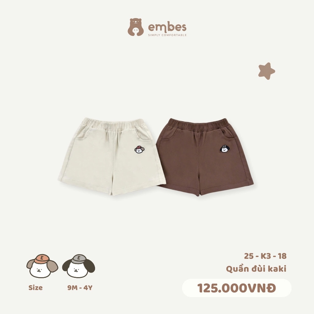 Quần Đùi Kaki Cho Bé Embes, Quần Short Kaki Thêu Hình Chất Kaki Cho Bé Trai  Bé Gái Size Từ 8-17kg