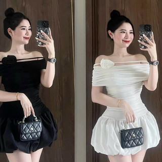 Đầm Nhúng Thiết Kế Kim Cương Bệt Vai Phối Thô Dây Hoa trà Nổi Bật