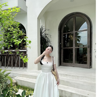 Đầm cổ U Phối Thô Thiết Kế Nơ Ngực Dáng Maxi-Đầm Đi Biển Nhẹ Nhàng