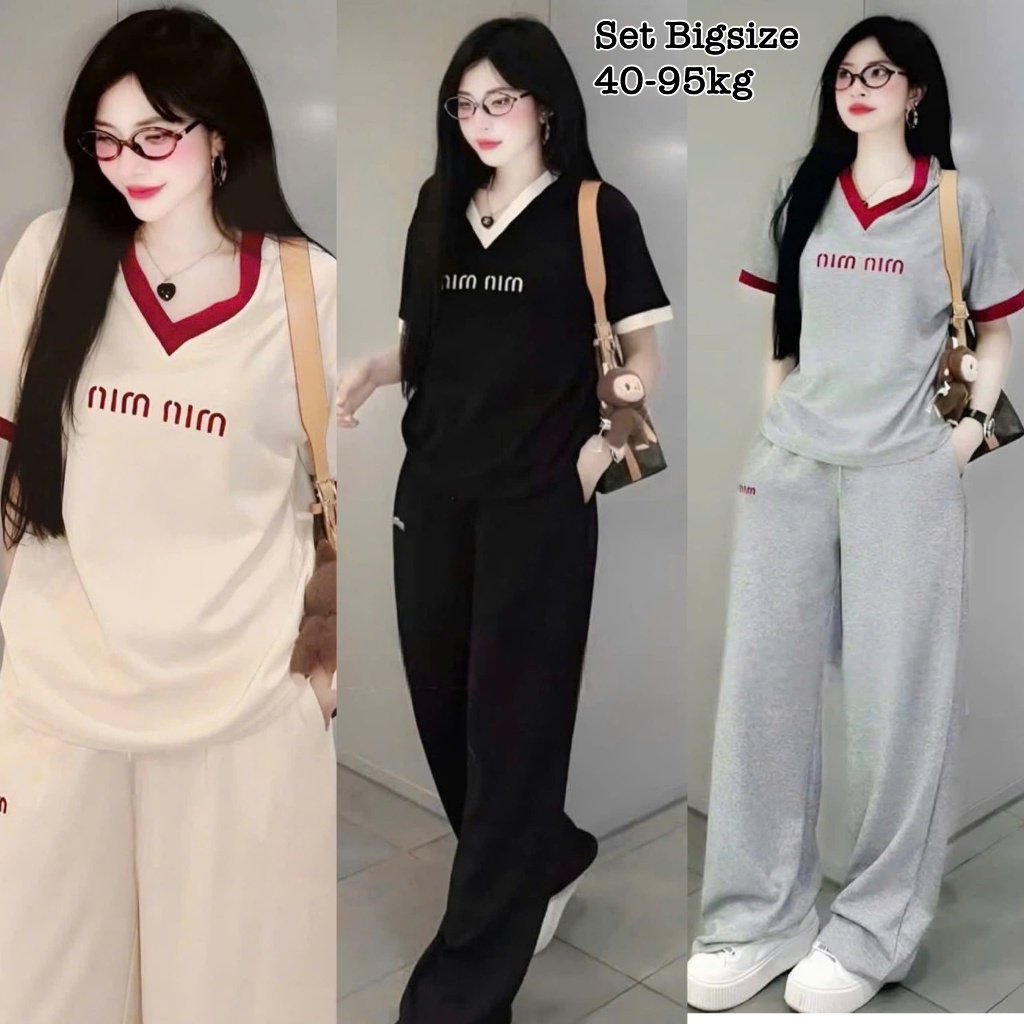 Set Bộ Dài Thun Tăm Bigsize Form Rộng Thêu Chữ Che Giấu Bụng Hot Hit cổ tim Nữ Chuppy Cao Cấp Xinh Đẹp Sang Rẻ 40-95kg