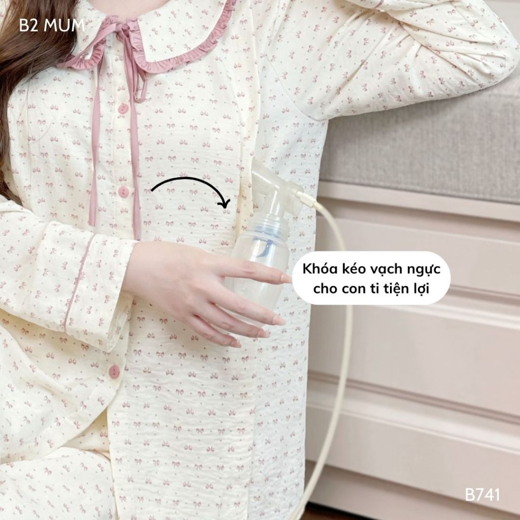 Bộ bầu đũi mềm dáng dài, mặc nhà và sau sinh áo có khóa dọc bé ti quần chun chỉnh bụng B741 B2MUM