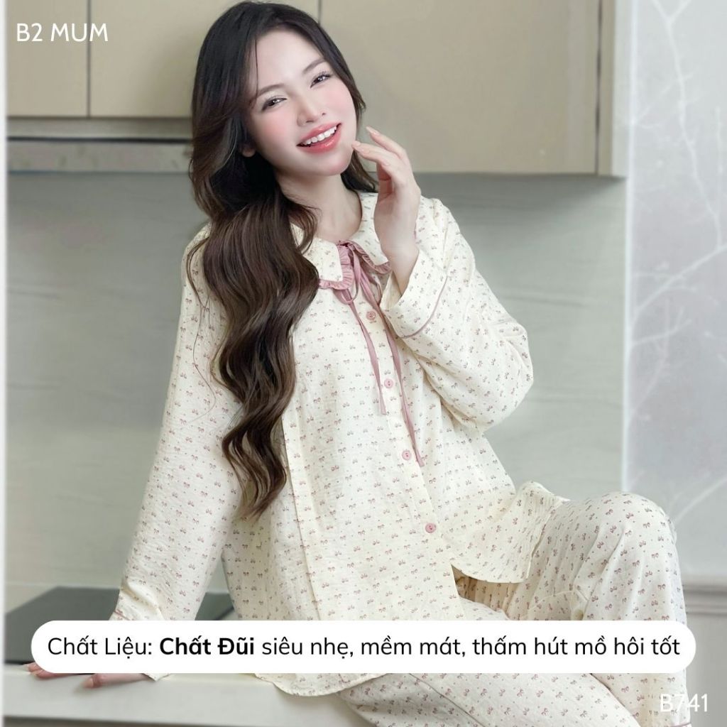 Bộ bầu đũi mềm dáng dài, mặc nhà và sau sinh áo có khóa dọc bé ti quần chun chỉnh bụng B741 B2MUM