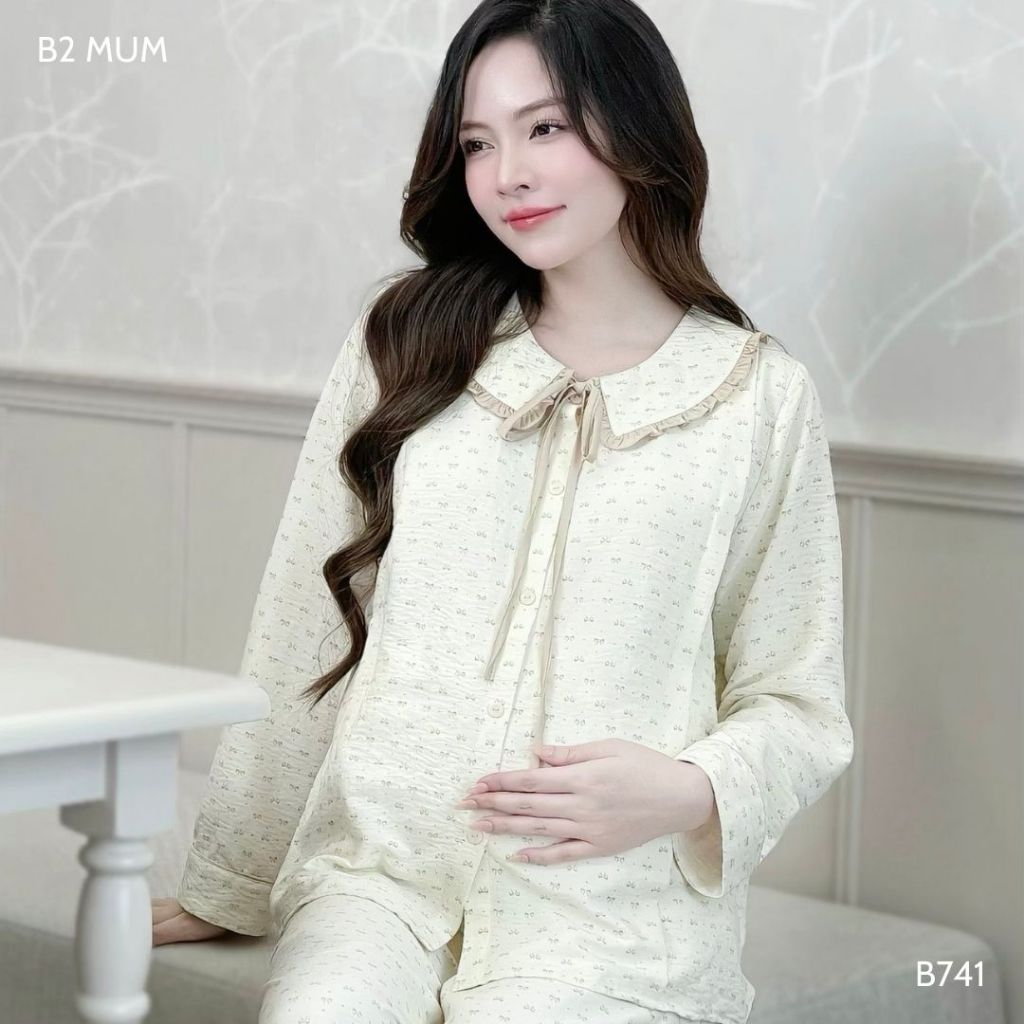 Bộ bầu đũi mềm dáng dài, mặc nhà và sau sinh áo có khóa dọc bé ti quần chun chỉnh bụng B741 B2MUM