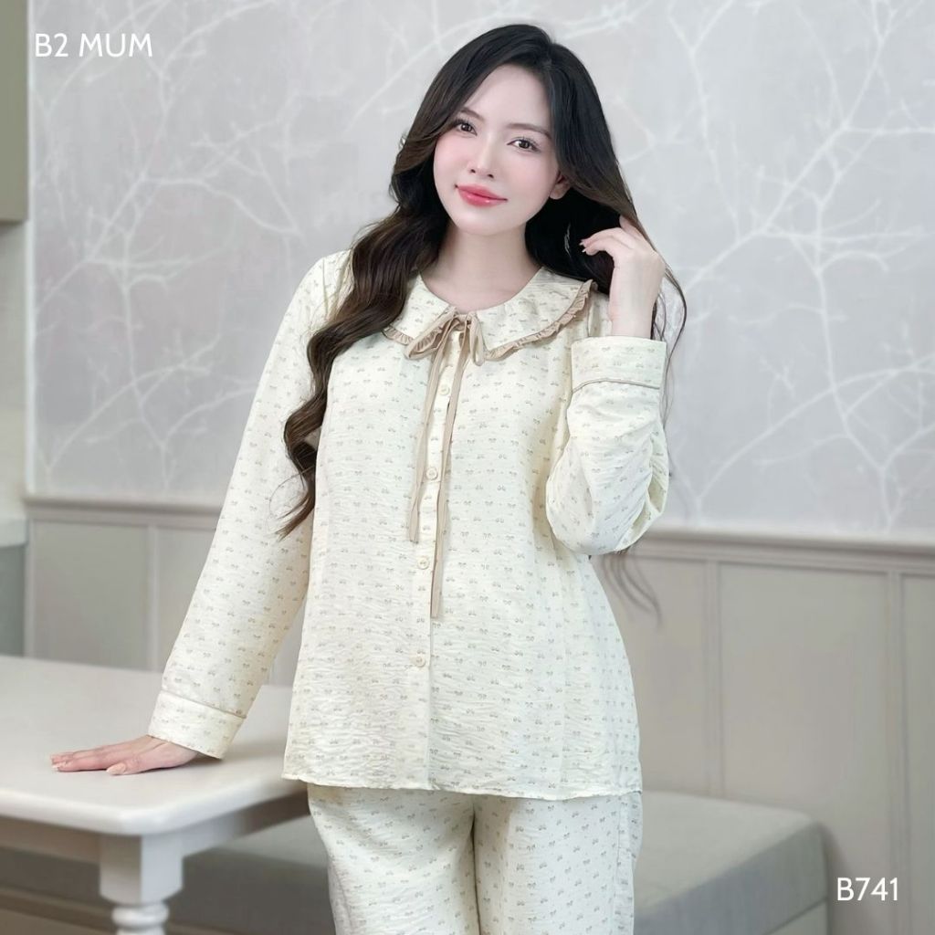 Bộ bầu đũi mềm dáng dài, mặc nhà và sau sinh áo có khóa dọc bé ti quần chun chỉnh bụng B741 B2MUM