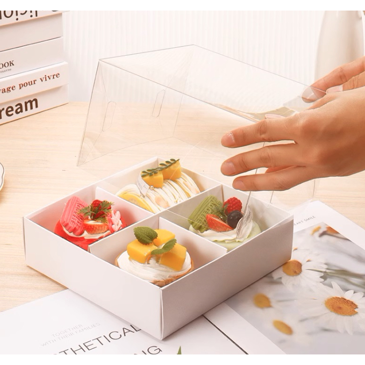 Hộp giấy nắp Mica trong suốt 4 ngăn/6 ngăn đựng Bánh Kem, Cupcake, Muffin