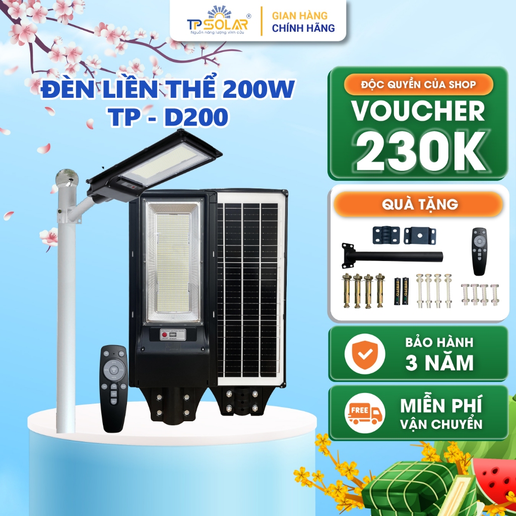 Ảnh Đèn Đường Liền Thể Năng Lượng Mặt Trời TP SOLAR TP-D200 Công Suất 200W Cảm Biến Chuyển Động, Chống Nước IP68 - BH 3 Năm 1