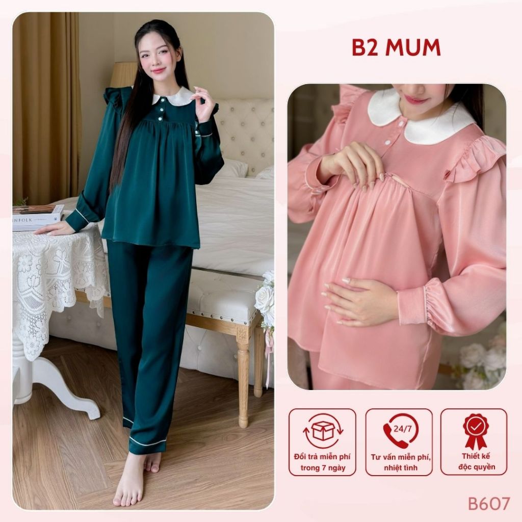 Bộ bầu và sau sinh chất lụa cao cấp quần có chun chỉnh áo có khóa bé ti vai bèo B307/B425 B2 MUM