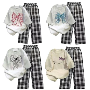 Sét Bộ Quần Kẻ Ống Rộng Caro Đen + Mix áo phông form rộng tay lỡ-SHOPTHUBIO98
