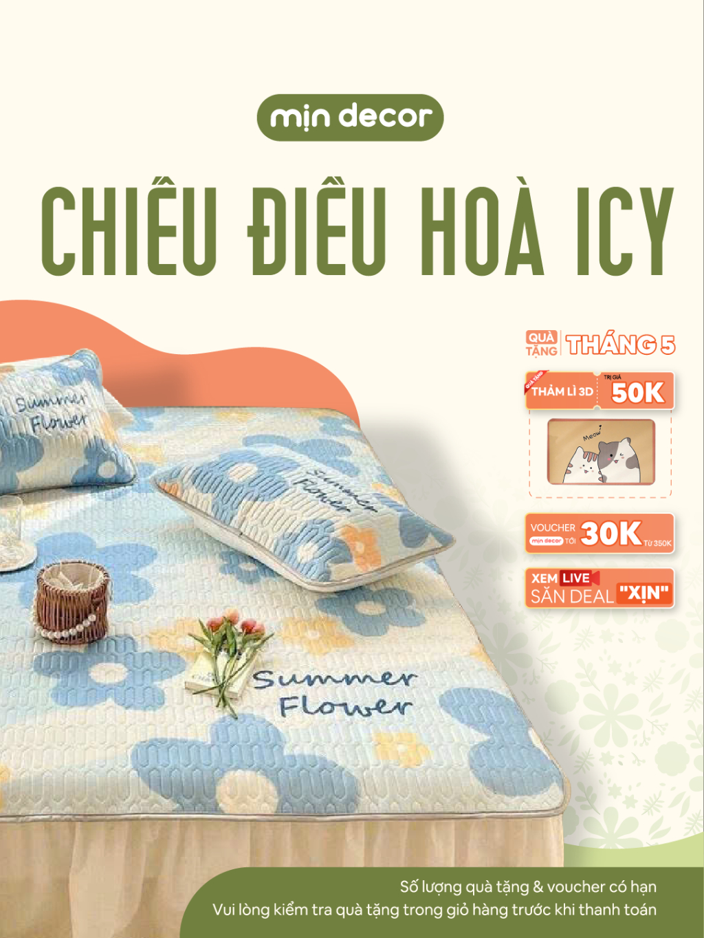 Ảnh Chiếu Điều Hoà Cao Su Non Icy Mịn Decor Chống Nóng Lưng Kèm 2 Vỏ Gối Mềm Mát 1