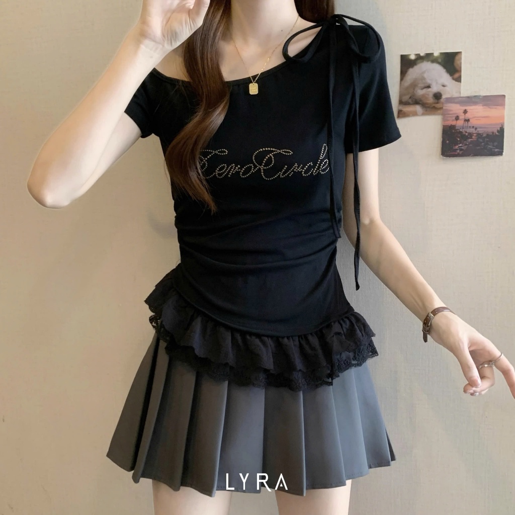 Ảnh LYRA - Áo thun nữ cách điệu dây nơ, áo lệch vai phối viền ren bèo Zero Circle tiểu thư nhẹ nhàng sang chảnh - CSYAC0297 1