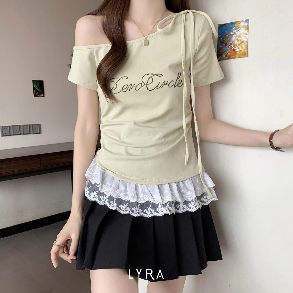 Ảnh LYRA - Áo thun nữ cách điệu dây nơ, áo lệch vai phối viền ren bèo Zero Circle tiểu thư nhẹ nhàng sang chảnh - CSYAC0297 4