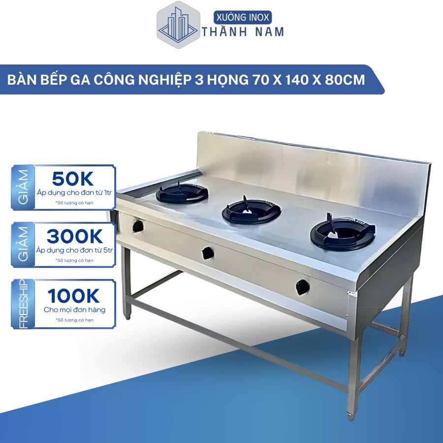 Bàn bếp ga công nghiệp 3 họng cỡ lớn cho nhà hàng, quán cơm, bếp ăn bằng inox bền đẹp