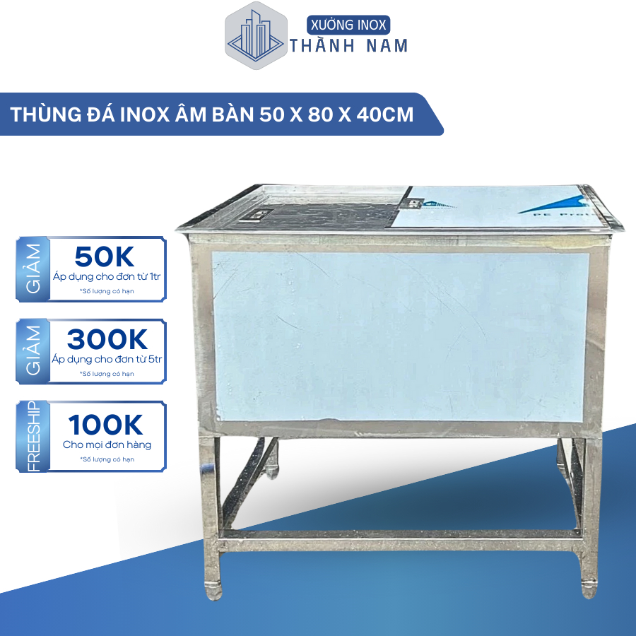Thùng đá inox âm bàn 3 lớp giữ nhiệt tốt có van khóa nước tiện lợi chắc chắn không han gỉ