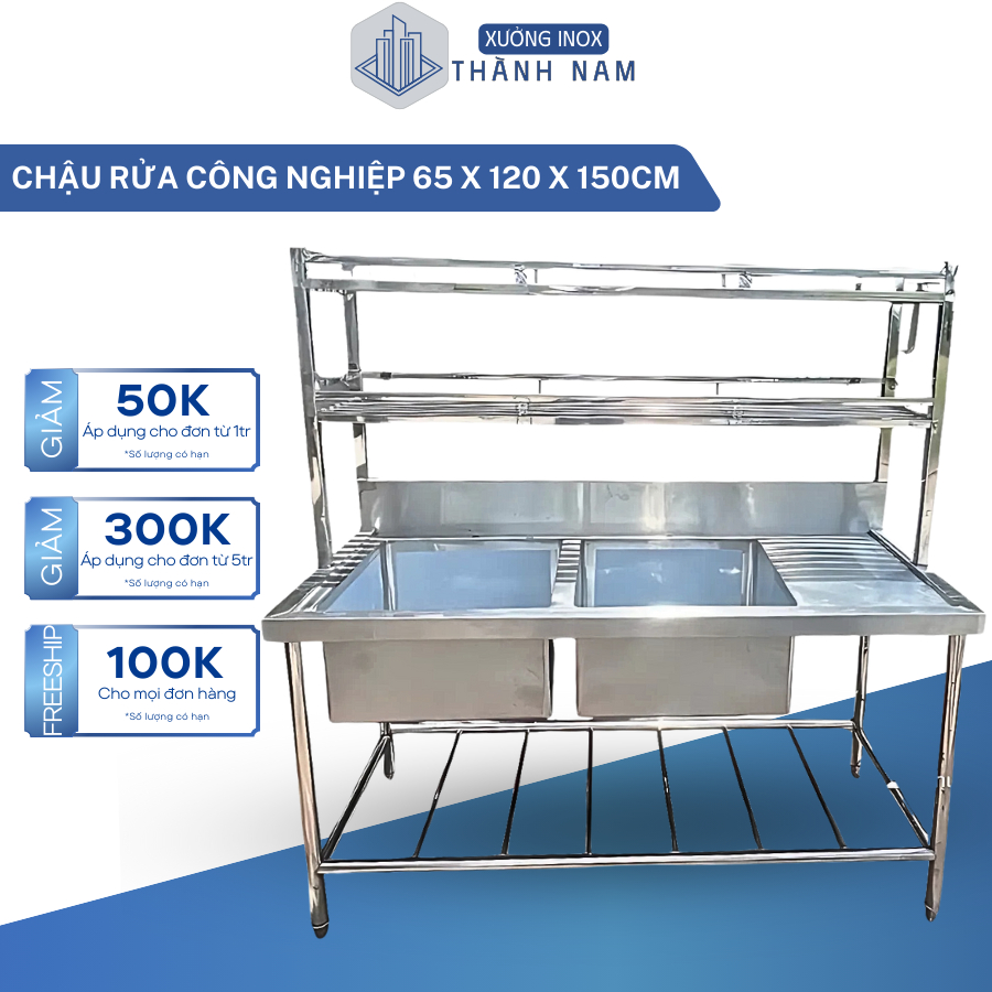 Chậu rửa công nghiệp inox 304 2 hộc kèm kệ 2 tầng úp bát đĩa để đồ tiện lợi không han gỉ