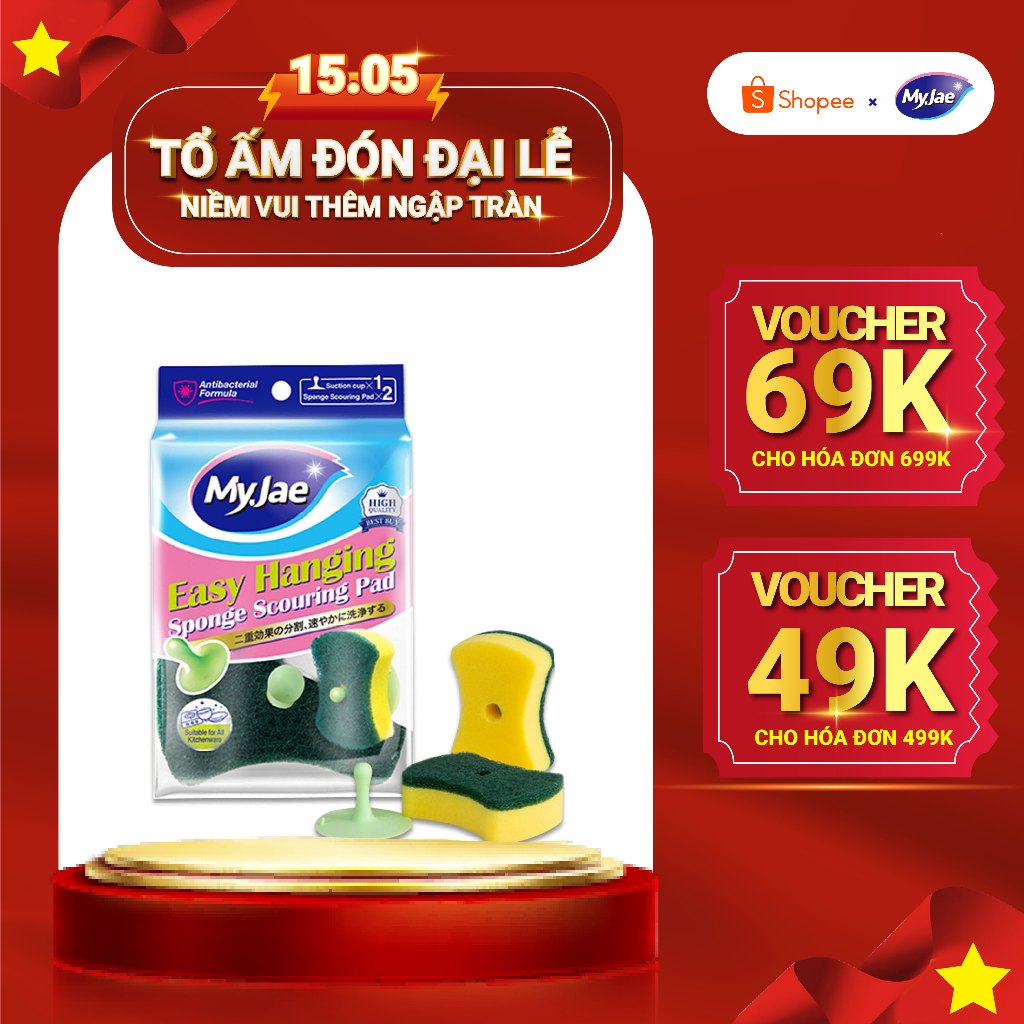 Ảnh Miếng bọt biển rửa chén MyJae 2 mặt, mút xốp rửa bát đa năng kèm miêng nhựa hít kê 11.3cm x 7.8cm x 2.7cm (2 miếng/gói) 1