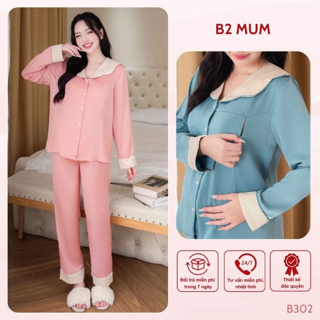 Bộ bầu và sau sinh chất lụa ngọc trai cao cấp quần có chun chỉnh bụng áo có khóa cho bé ti B302/B504  B2 MUM