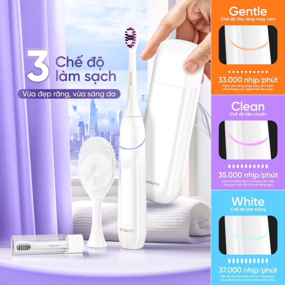 Bàn Chải Đánh Răng Điện HyperUVsonic MASUTO Giúp Trắng Răng, Sạch Mảng Bám, Bảo Hành 2 Năm