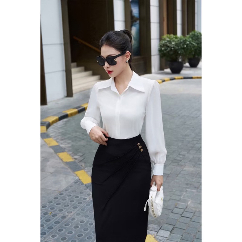 Áo Sơ Mi Trắng Cổ Đức Phối Tay Voan  Nhẹ Nhàng Đơn Giản Sang Trọng Nữ Tính Cho Nàng Công Sở - AS2
