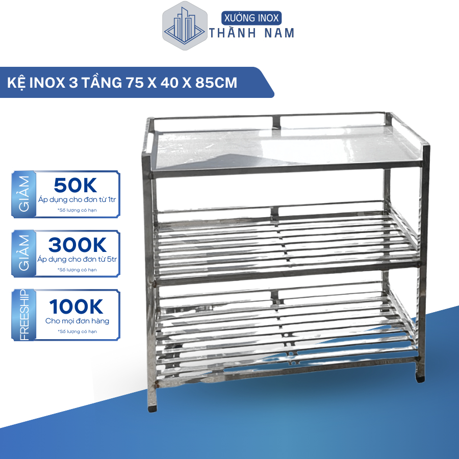 Kệ inox 3 tầng bền đẹp chắc chắn chịu lực tốt dùng cho quán ăn