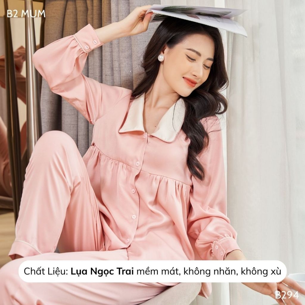 Bộ bầu và sau sinh chất lụa ngọc trai quần có chun chỉnh bụng áo có khóa cho bé ti - B294 B2 MUM