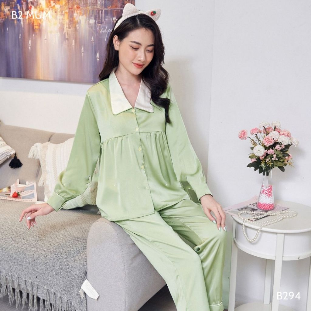 Bộ bầu và sau sinh chất lụa ngọc trai quần có chun chỉnh bụng áo có khóa cho bé ti - B294 B2 MUM