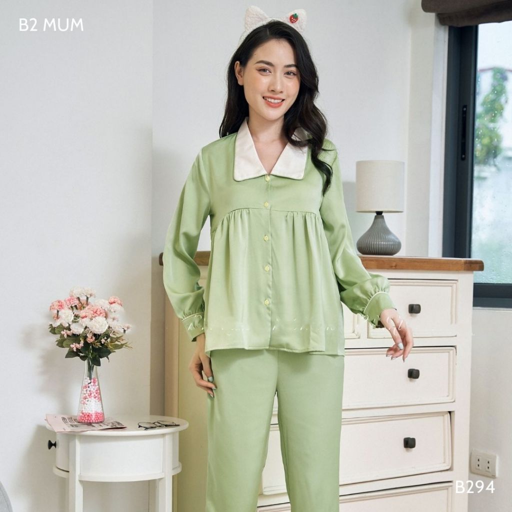 Bộ bầu và sau sinh chất lụa ngọc trai quần có chun chỉnh bụng áo có khóa cho bé ti - B294 B2 MUM