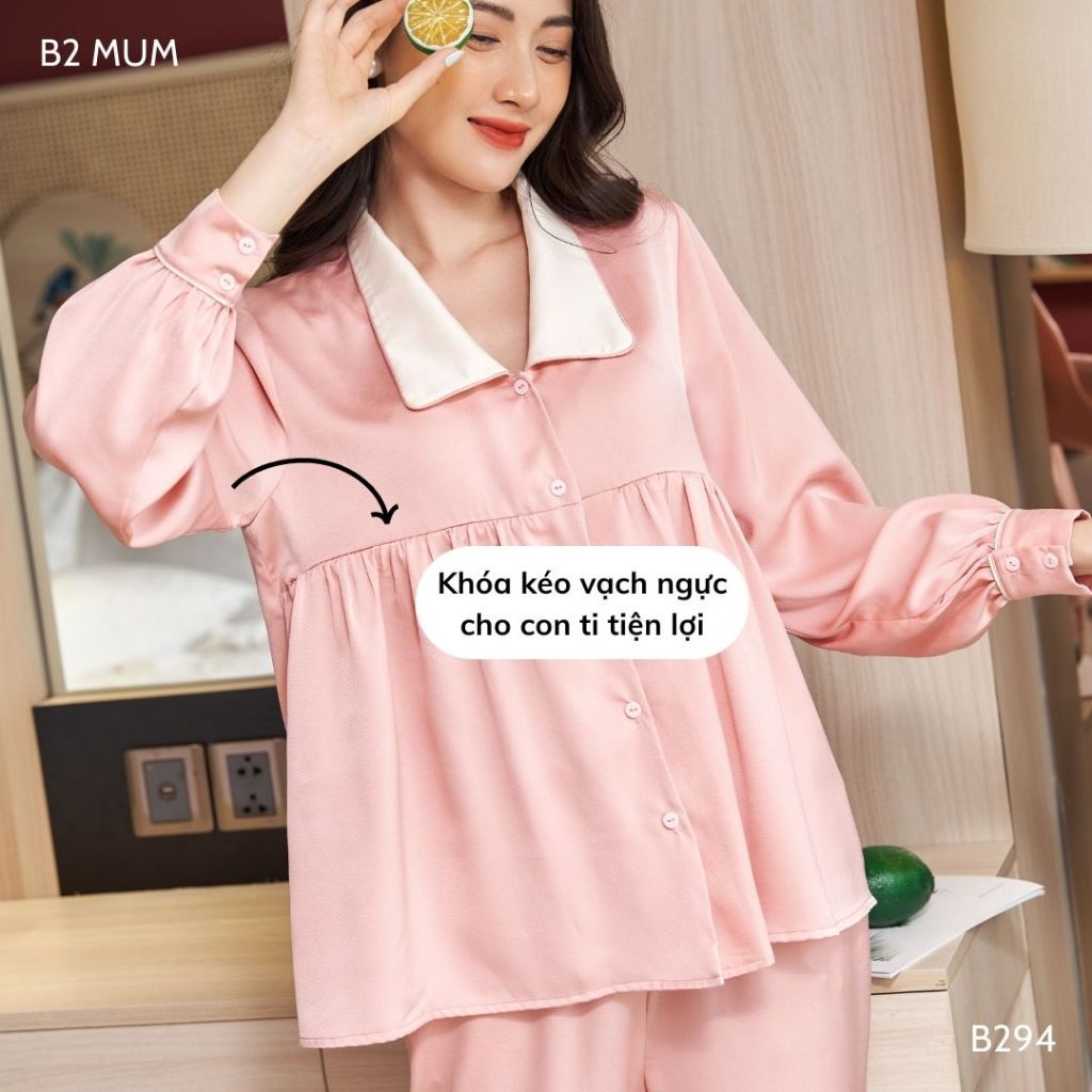 Bộ bầu và sau sinh chất lụa ngọc trai quần có chun chỉnh bụng áo có khóa cho bé ti - B294 B2 MUM