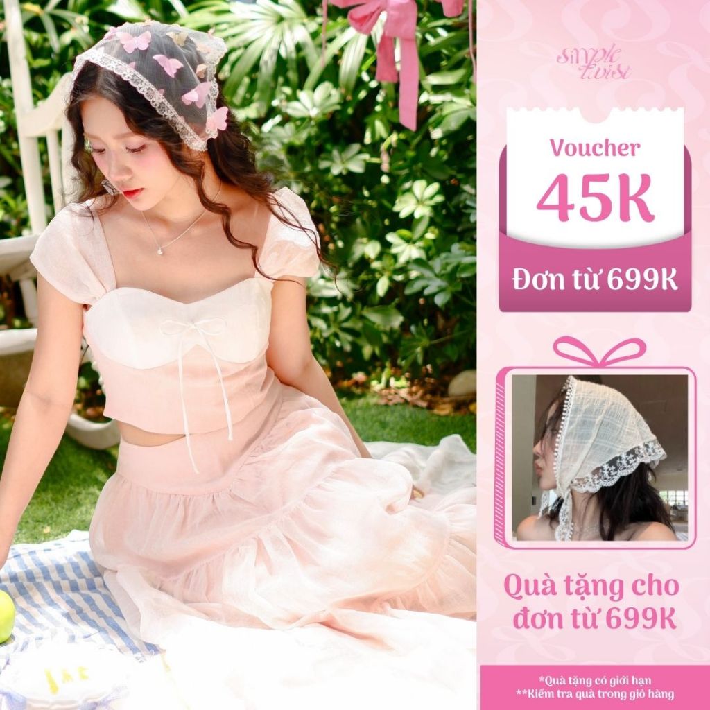 Ảnh Set áo croptop phối váy xoè dài vải lưới màu hồng mơ dâu DEMETER nữ tính, thanh lịch - Simple Twist 1