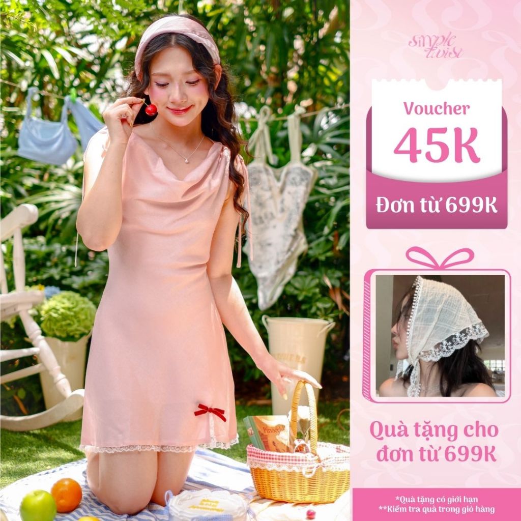 Ảnh Đầm thiết kế cổ đổ đính nơ phối dây viền ren màu hồng SAM phong cách nữ tính nhẹ nhàng - Simple Twist Studio 1