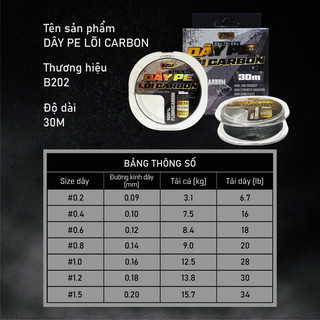 DÂY THẺO PE 30m LÕI CARBON B202, 8X + 1 LÕI CARBON , dây mềm, chịu tải lớn và chống rối cao