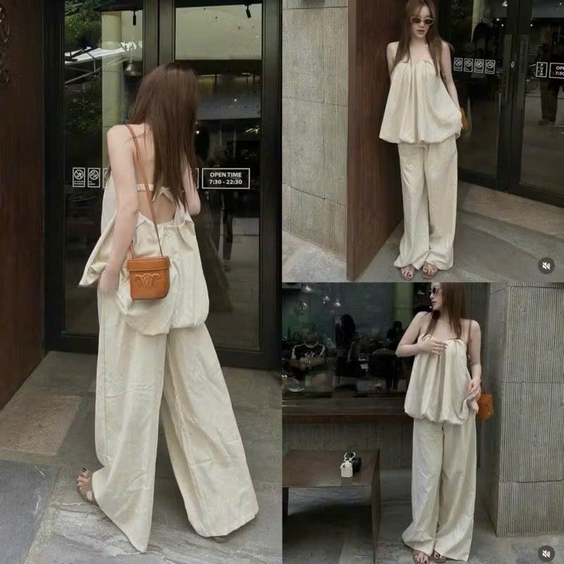 Set Áo Thô Cúp Ngực Bí Ngô Hở Lưng Phối Quần Suông Ống Rộng, Bộ Đồ Nữ Đi Chơi Xinh - CHAMIE STUDIO