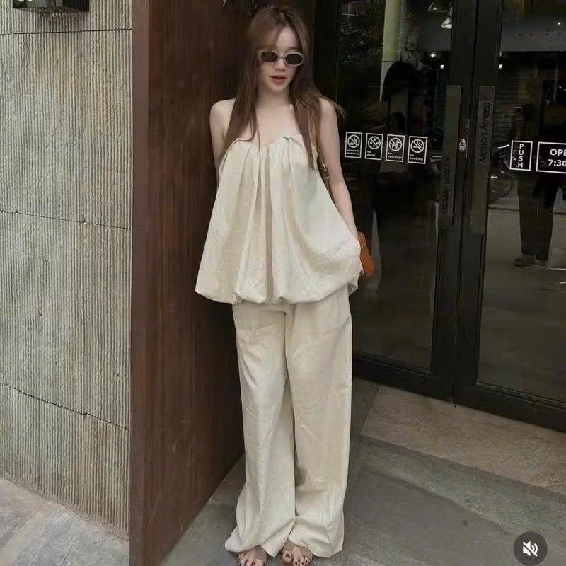 Set Áo Thô Cúp Ngực Bí Ngô Hở Lưng Phối Quần Suông Ống Rộng, Bộ Đồ Nữ Đi Chơi Xinh - CHAMIE STUDIO