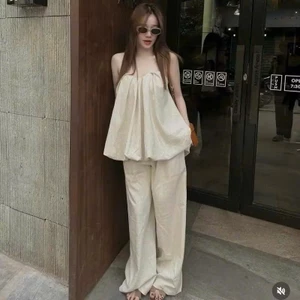 Set Áo Thô Cúp Ngực Bí Ngô Hở Lưng Phối Quần Suông Ống Rộng, Bộ Đồ Nữ Đi Chơi Xinh - CHAMIE STUDIO
