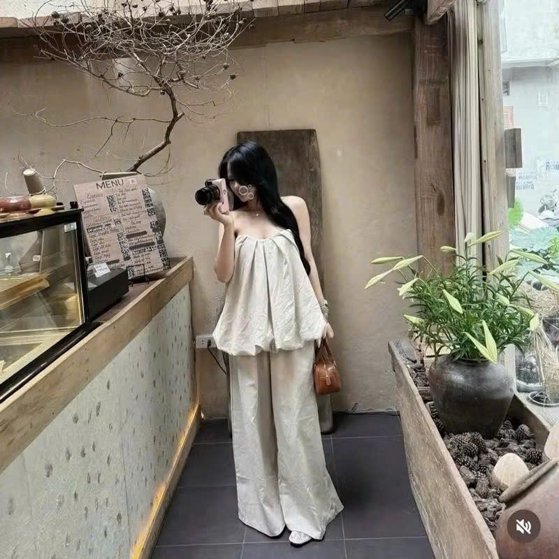 Set Áo Thô Cúp Ngực Bí Ngô Hở Lưng Phối Quần Suông Ống Rộng, Bộ Đồ Nữ Đi Chơi Xinh - CHAMIE STUDIO