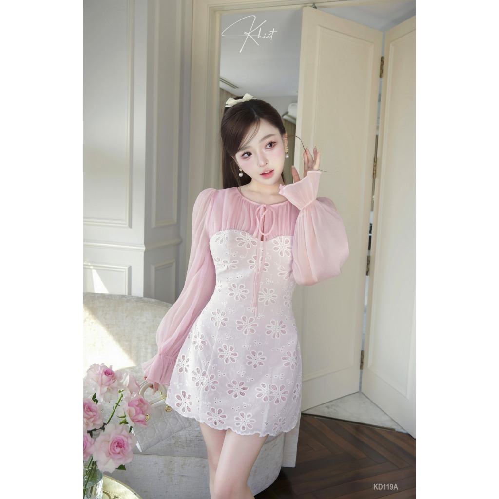 Đầm ren hoa Khiết Style phối tơ sóng nhúng màu hồng ngọt ngào trẻ trung KD119A