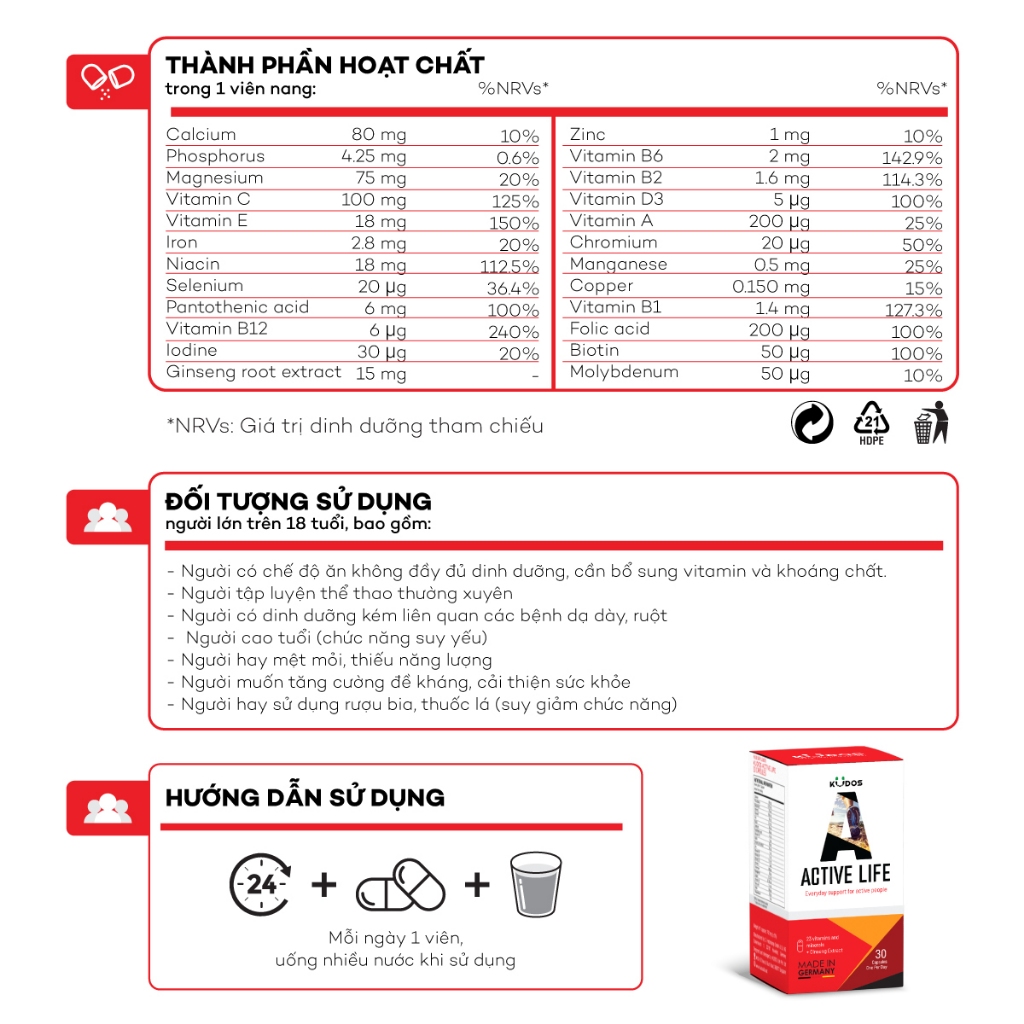 Viên Uống KUDOS Active Life Bổ Sung Vitamin và Khoáng Cho Cơ Thể 30 viên