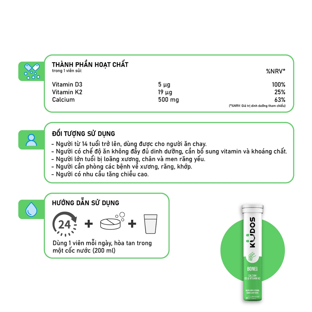 Viên sủi KUDOS giúp xương và răng chắc khỏe tuýp 20 viên
