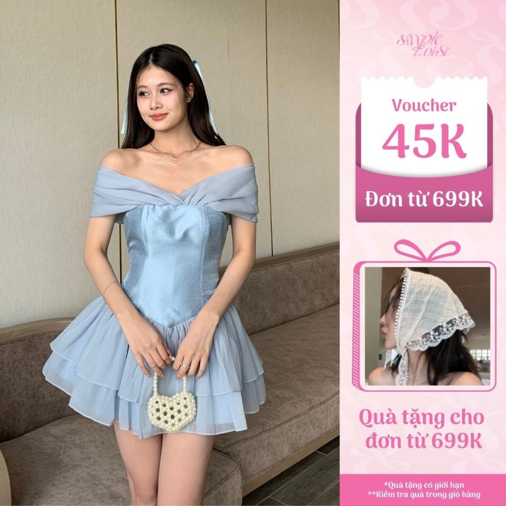 Ảnh Đầm thiết kế trễ vai xòe tầng màu xanh ODETTE dự tiệc sang trọng - Simple Twist 1