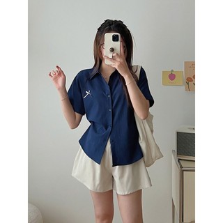 Set sơ mi nữ cộc tay chất vải đũi dính nơ nhỏ kèm quần short ChangStore - S210