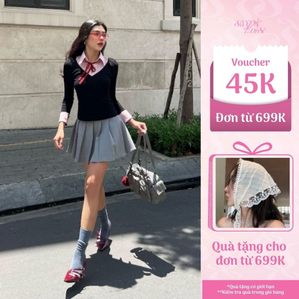 Ảnh Áo thun tiểu thư kiểu tay dài đen phối chân váy xám xếp ly REGINA dể thương, sang trọng - Simple Twist Studio 1