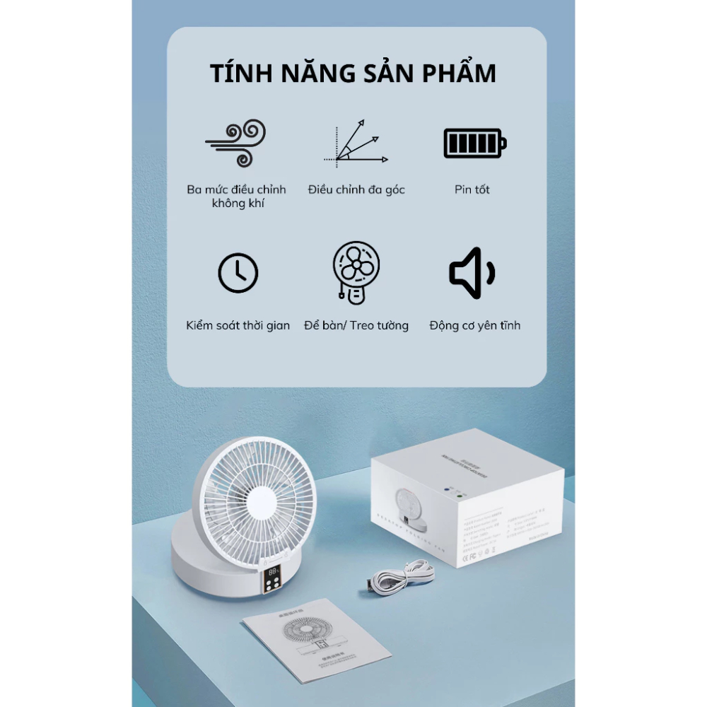 Quạt Tích Điện QDB07 DELADEP Thông Minh, Điều Khiển Từ Xa 3 Tốc Độ Gió Xoay 120°, Bảo Hành 2 Năm