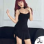 Váy body 2 dây DuyLinh váy xẻ tà nhún ngực, eo phối hoa hồng thiết kế màu đen gợi cảm T08