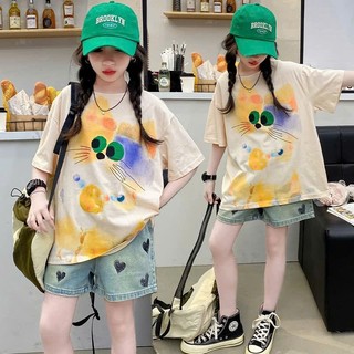 Set Bộ Quần Short Jean Mix Áo Phông Mèo Siêu Xinh Cho Bé Gái
