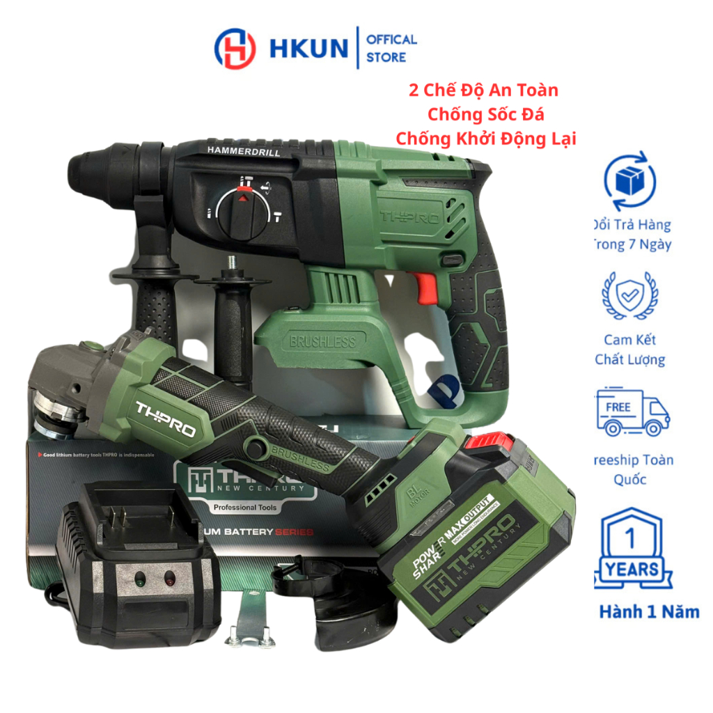 Combo Khoan Bê Tông THPRO TH226 Và Thân mài TH-8100 Động Cơ Không Chổi Than Lõi Đồng Kèm Pin 1Pin 15cell Và Sạc