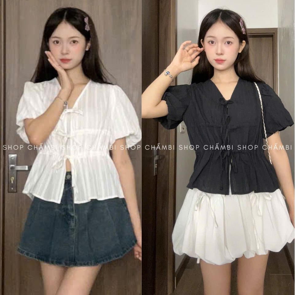Áo sơ mi nữ A.745, Áo sơ mi cổ V dáng lửng tay bồng phối nơ rút quanh ...
